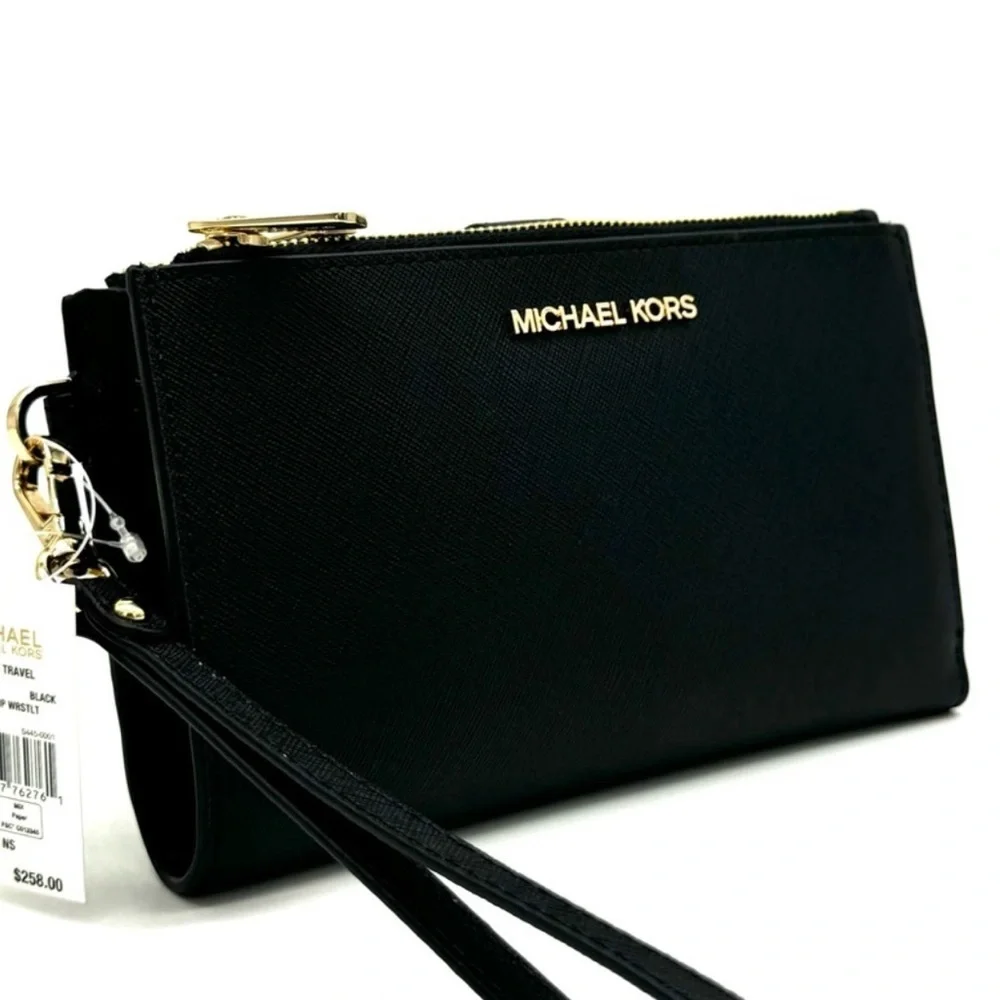 Michael Kors Large Double Zip Wallet Wristlet Black/Gold